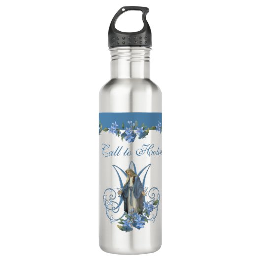 Religieuze Maagd Maria Blauwe Bloem 24 oz. Waterfles (Voorkant)