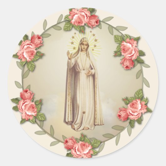 Religieuze Maagd Maria Fatima Roze Rozen Ronde Sticker (Voorkant)