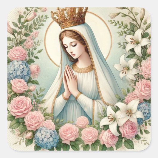Religieuze Maagd Maria Fatima Roze Rozen Vierkante Sticker (Voorkant)