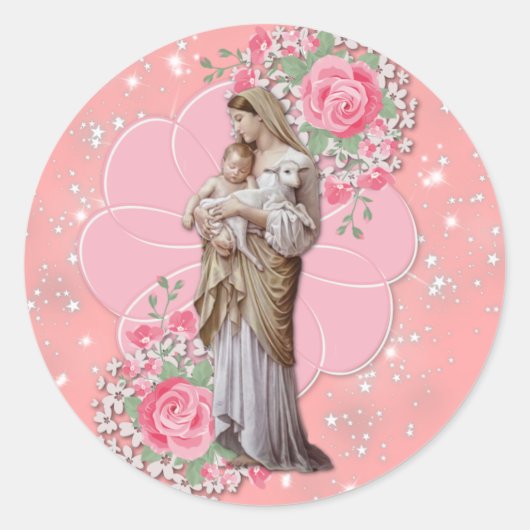 Religieuze Maagd Maria Jezus Roze Rozen Sterren Ronde Sticker (Voorkant)