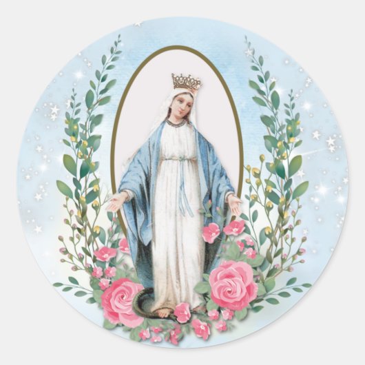 Religieuze  Maagd Maria Katholieke Floral Ronde Sticker (Voorkant)