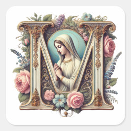 Religieuze Maagd Maria "M" Katholieke Vintage Bloe Vierkante Sticker