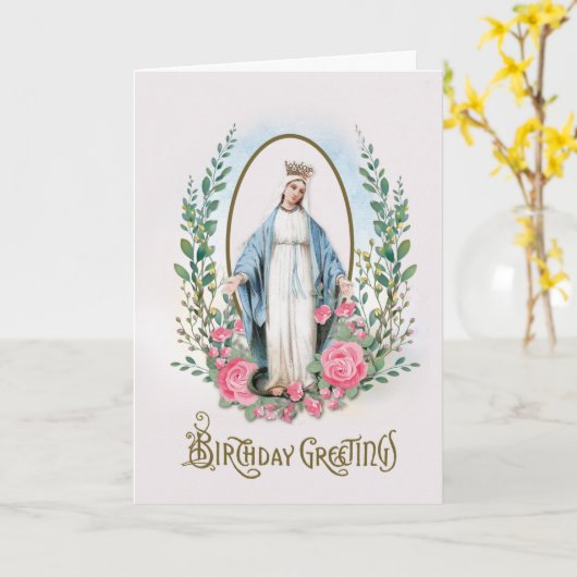 Religieuze Maagd Maria Rozen Katholieke Verjaardag Kaart (Gele Bloem)