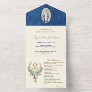 Religieuze Maagd Mary Blue Floral Birthday  All In One Uitnodiging