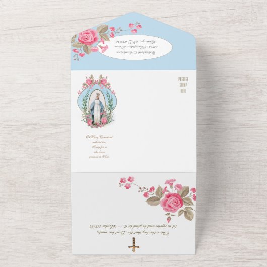 Religieuze Maagd Mary Blue Floral Birthday  All In One Uitnodiging (Buitenkant)