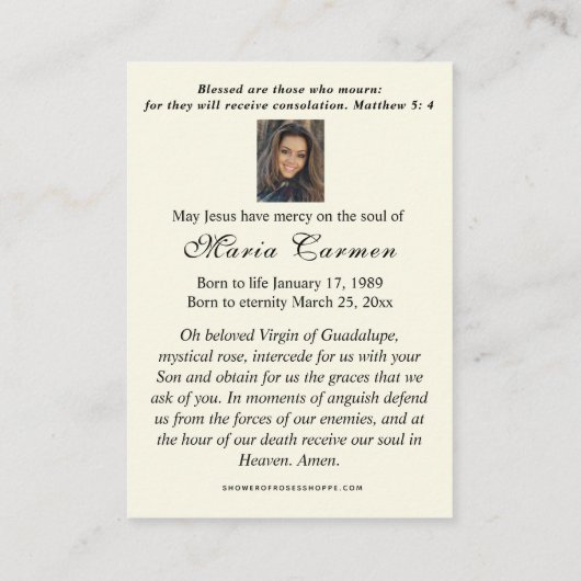Religieuze maagd Mary Funeral Prayer Plaatskaartje (Achterkant)