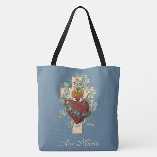 Religieuze maagd Mary Heart Floral Cross Tote Bag (Achterkant)
