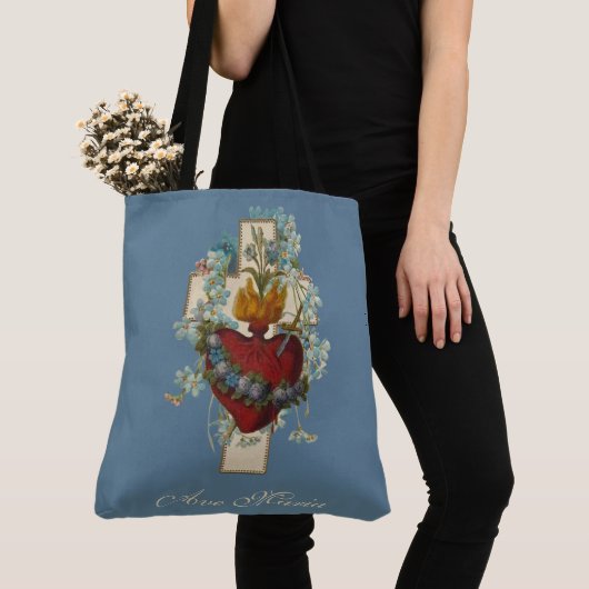 Religieuze maagd Mary Heart Floral Cross Tote Bag (Dichtbij)