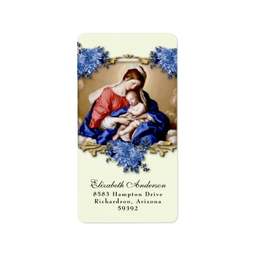 Religieuze maagd Mary Jesus Blue Flowers Etiket (Voorkant)