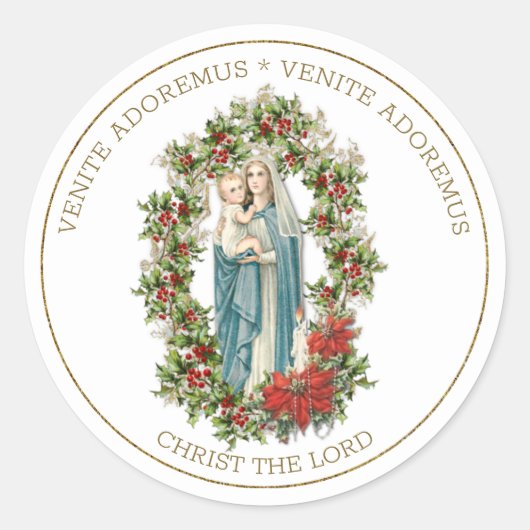 Religieuze maagd Mary Jesus Kerstmis Poinsettias Ronde Sticker (Voorkant)