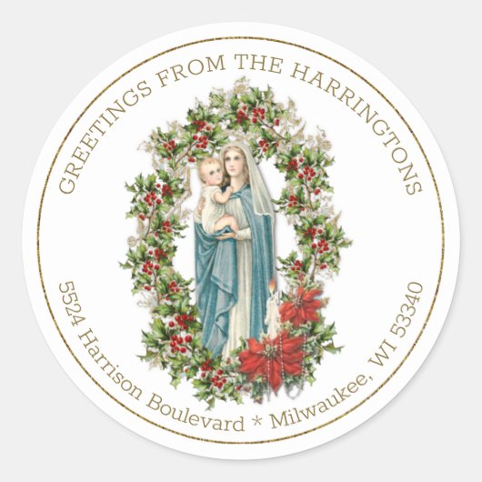 Religieuze maagd Mary Jesus Kerstmis Poinsettias Ronde Sticker (Voorkant)
