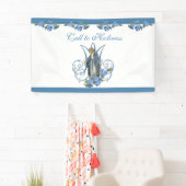 Religieuze maagd Mary Marian Cross Blue Flowers Spandoek (Insitu)