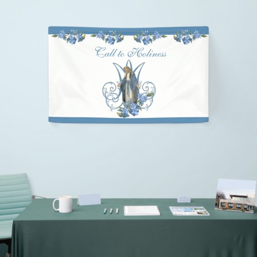 Religieuze maagd Mary Marian Cross Blue Flowers  Spandoek (Beurs)