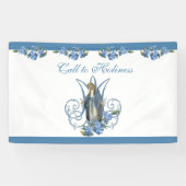 Religieuze maagd Mary Marian Cross Blue Flowers  Spandoek (Horizontaal)