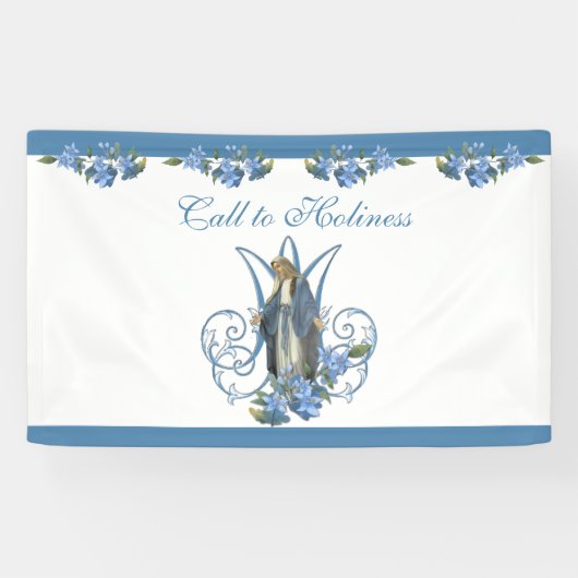 Religieuze maagd Mary Marian Cross Blue Flowers Spandoek (Horizontaal)