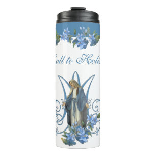 Religieuze maagd Mary Marian Cross Blue Flowers T Thermosbeker