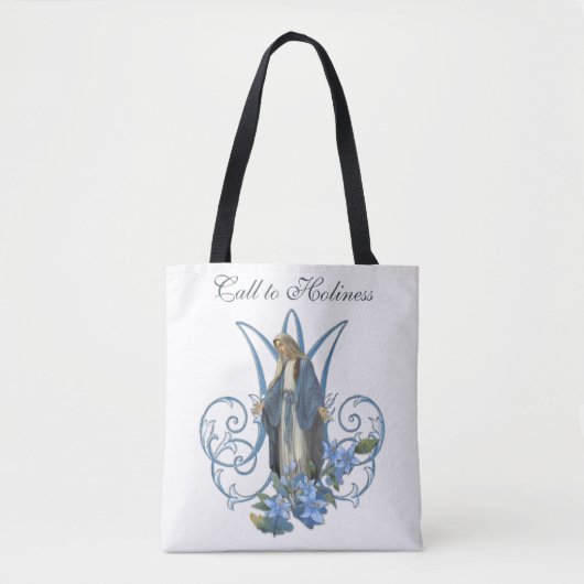 Religieuze maagd Mary Marian Cross Blue Flowers Tote Bag (Voorkant)