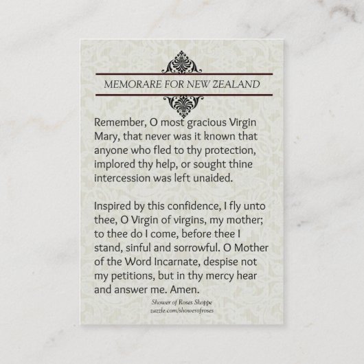 Religieuze maagd Mary Memorare Nieuw-Zeelands gebe Visitekaartje (Achterkant)