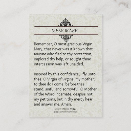 Religieuze Maagd Mary Memorare Prayer Heilige Kaar Visitekaartje (Achterkant)