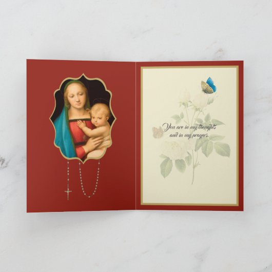 Religieuze Maagd Mary met Baby Jesus White Rose Kaart (Binnen)