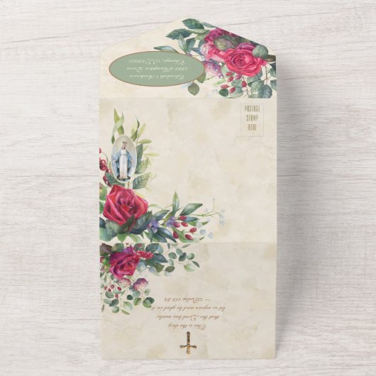Religieuze Maagd Mary Red Roses Postalette All In One Uitnodiging (Buitenkant)