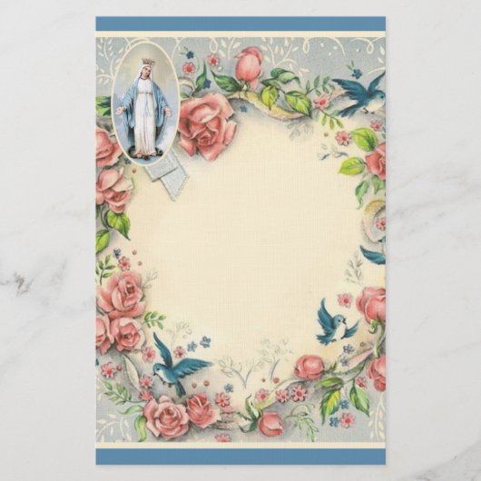 Religieuze Maagd Mary Roze Roses Blue Birds Briefpapier (Voorkant)