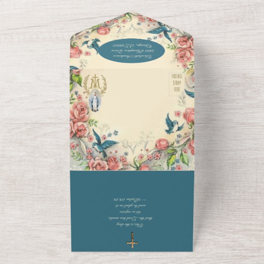 Religieuze maagd Mary Vogelroze rozen All In One Uitnodiging (Buitenkant)