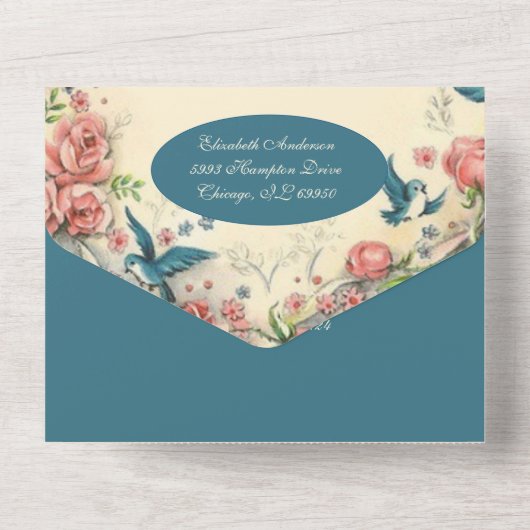 Religieuze maagd Mary Vogelroze rozen All In One Uitnodiging (Achterkant)