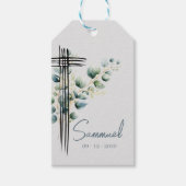 Religieuze moderne botanische jongen blauwe kruis cadeaulabel (Voorkant)