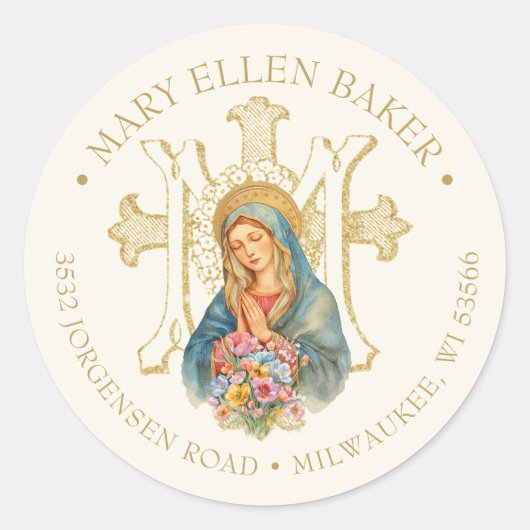 Religieuze Moeder Mary Gold Marian Cross Ronde Sticker (Voorkant)