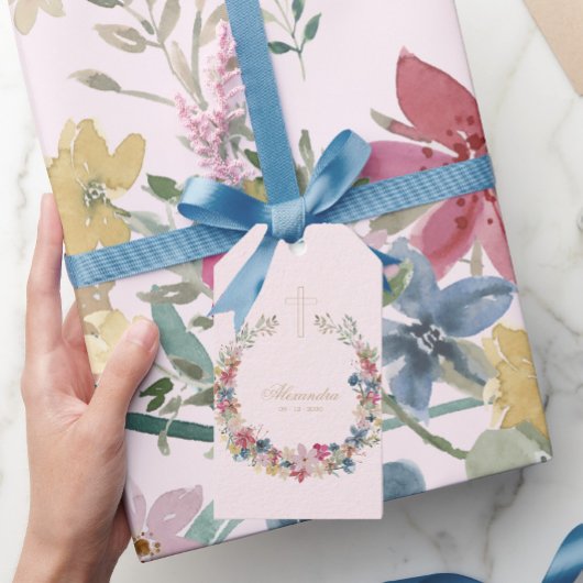 Religieuze mooie veldboeketten gouden kleur cadeaulabel