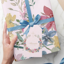 Religieuze mooie veldboeketten goudkleurig cadeaulabel