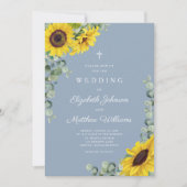 Religieuze mosterdblauw zonnebloempje bruiloft kaart (Voorkant)