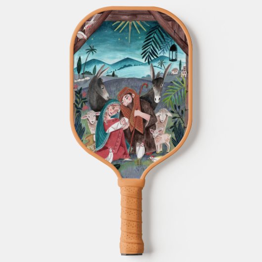 Religieuze nativiteitsscène blauw, rode Mary & Jez Pickleball Paddle (Voorkant)