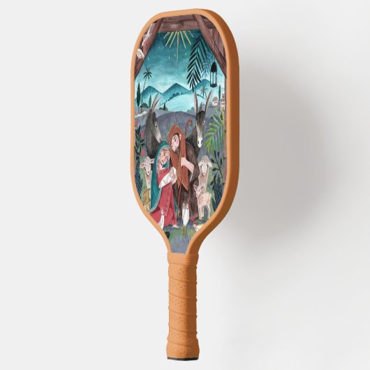 Religieuze nativiteitsscène blauw, rode Mary & Jez Pickleball Paddle (Links)
