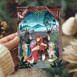 Religieuze nativiteitsscène blauw, rode Mary & Jos Feestdagen Kaart