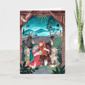 Religieuze nativiteitsscène blauw, rode Mary & Jos Feestdagen Kaart (Voorkant)