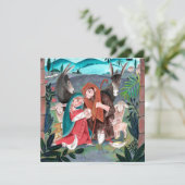 Religieuze nativiteitsscène blauw, rood Mary & Jos Feestdagenkaart (Staand voorkant)