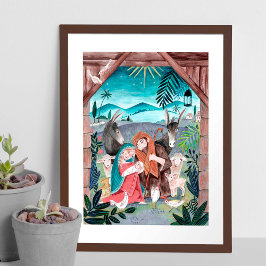Religieuze nativiteitsscène blauw, rood Mary & Jos Poster
