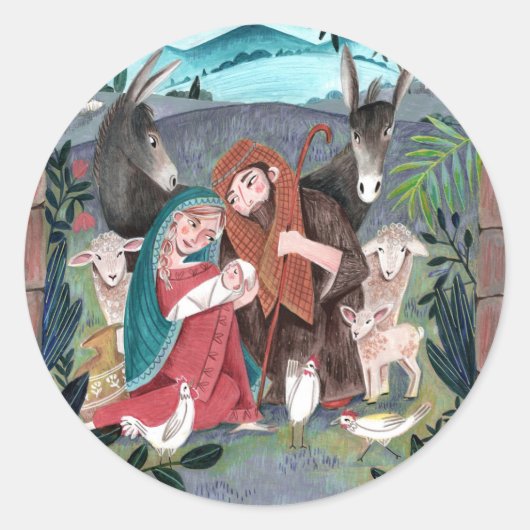 Religieuze nativiteitsscène blauw, rood Mary & Jos Ronde Sticker (Voorkant)