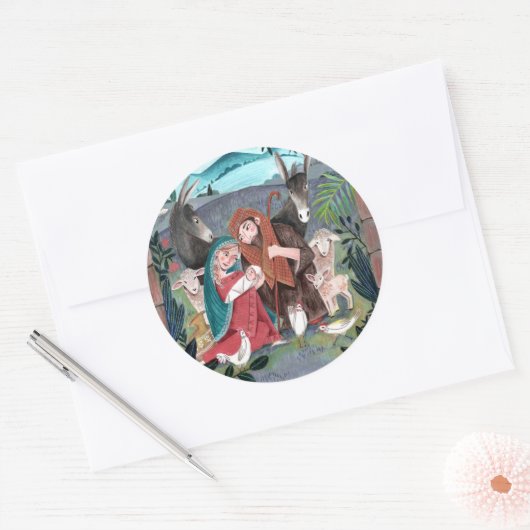 Religieuze nativiteitsscène blauw, rood Mary & Jos Ronde Sticker (Envelop)
