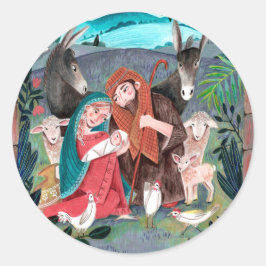 Religieuze nativiteitsscène blauw, rood Mary & Jos Ronde Sticker