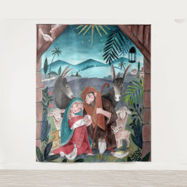 Religieuze nativiteitsscène Mary & baby Jesus Wandkleed