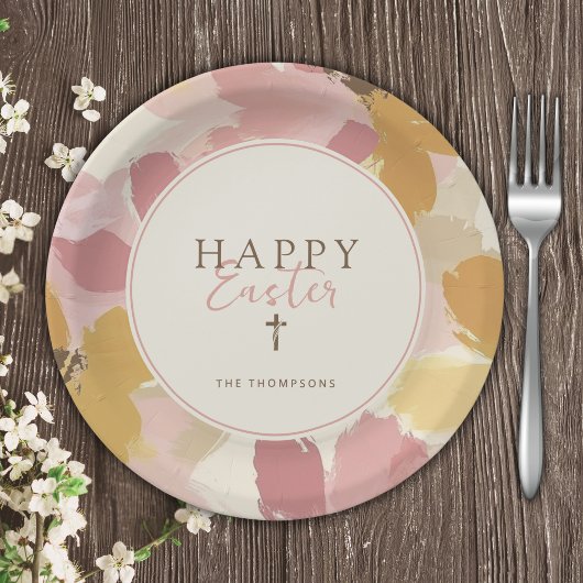 Religieuze Paasbrunch Moderne Roze Bloemen Papieren Bordje