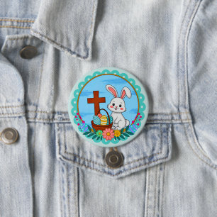 Religieuze Paashaas met Kruis en Bloemenei Ronde Button 7,6 Cm