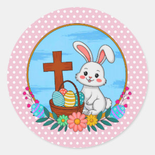 Religieuze Paashaas met Kruis en Bloemenei Ronde Sticker
