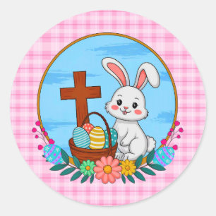 Religieuze Paashaas met Kruis en Bloemenei Ronde Sticker