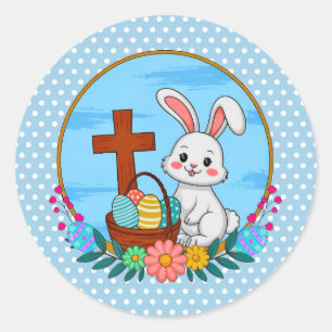 Religieuze Paashaas met Kruis en Bloemenei Ronde Sticker