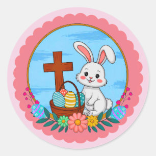 Religieuze Paashaas met Kruis en Bloemenei Ronde Sticker