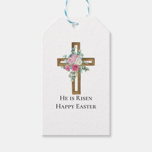 Religieuze Pasen Hij is Risen Hood Cross Floral Cadeaulabel (Voorkant)